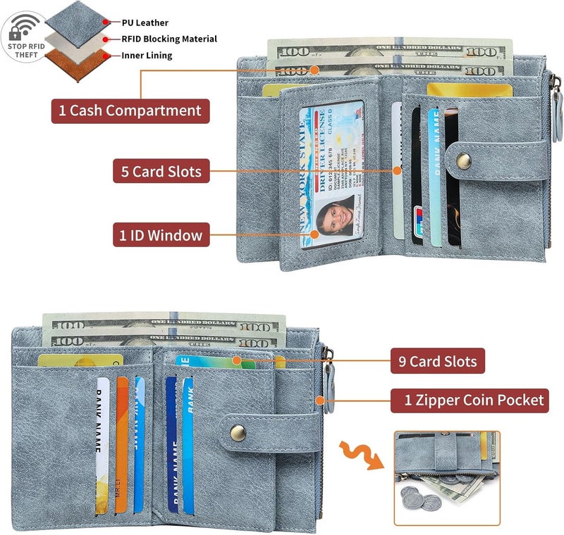 FALAN MULE Small Wallet for Women Leather RFID Blocking Bifold Credit Card Holder with Zipper Coin Pocket - Image 3